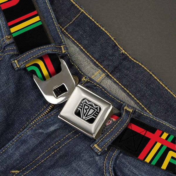 Buckle-Down BD Wings Logo CLOSE-UP Full Color Black Silver Seatbelt Belt - Maze Lines Black/Rasta Webbing