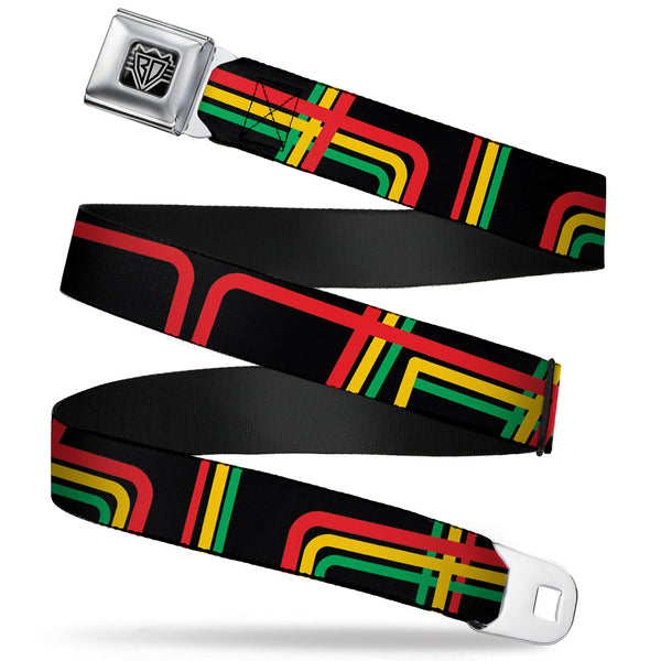 Buckle-Down BD Wings Logo CLOSE-UP Full Color Black Silver Seatbelt Belt - Maze Lines Black/Rasta Webbing