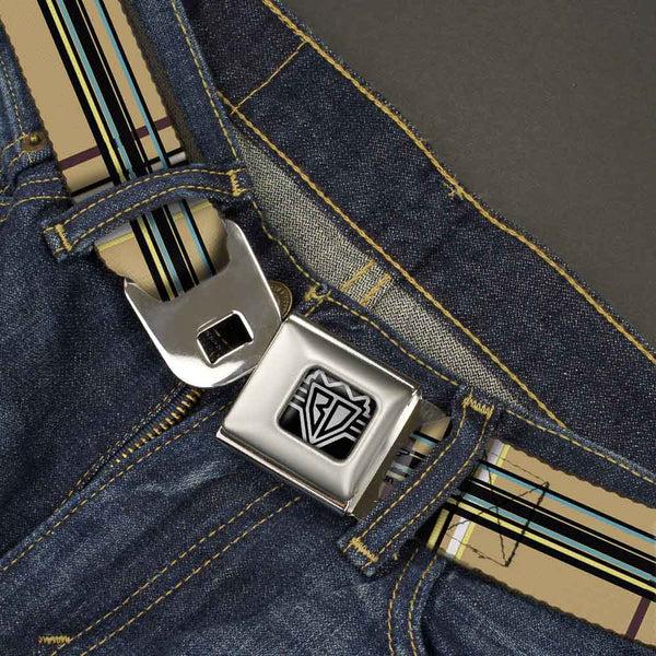 Buckle-Down BD Wings Logo CLOSE-UP Full Color Black Silver Seatbelt Belt - Plaid Tan Webbing
