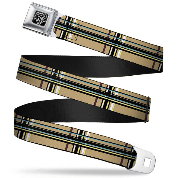 Buckle-Down BD Wings Logo CLOSE-UP Full Color Black Silver Seatbelt Belt - Plaid Tan Webbing