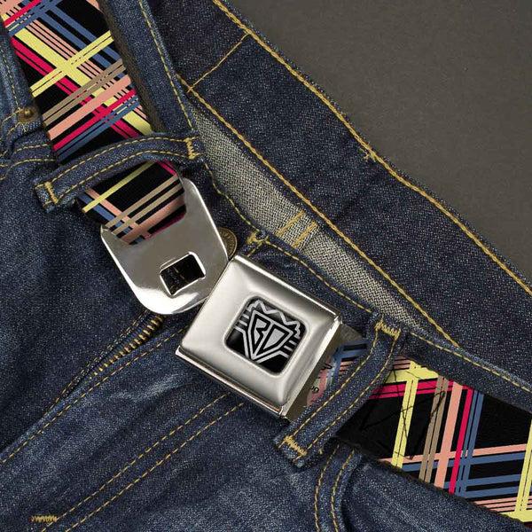 Buckle-Down BD Wings Logo CLOSE-UP Full Color Black Silver Seatbelt Belt - Plaid Black/Yellow/Red/Blue/Orange Webbing