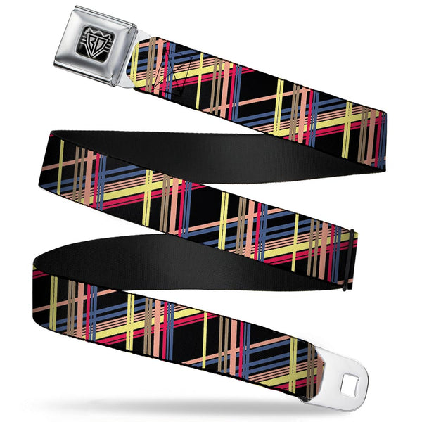 Buckle-Down BD Wings Logo CLOSE-UP Full Color Black Silver Seatbelt Belt - Plaid Black/Yellow/Red/Blue/Orange Webbing