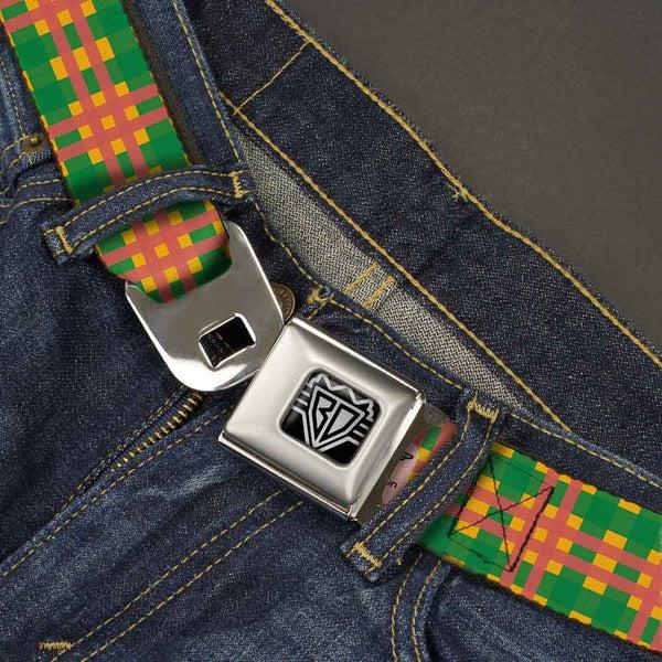 Buckle-Down BD Wings Logo CLOSE-UP Full Color Black Silver Seatbelt Belt - Plaid Gold/Green/Pink Webbing