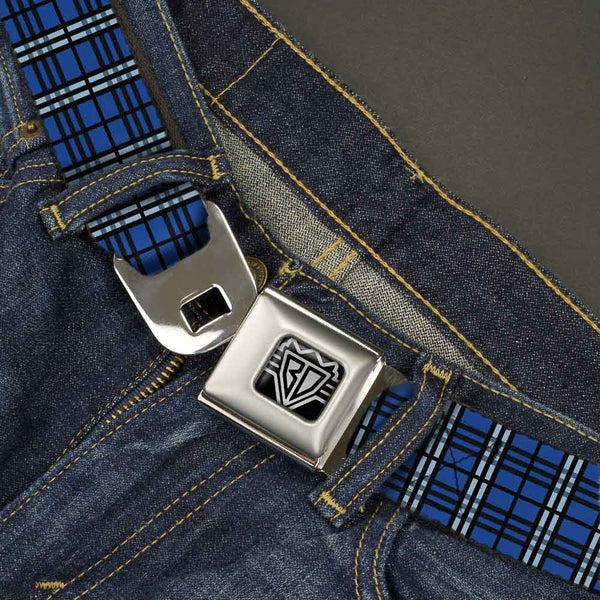 Buckle-Down BD Wings Logo CLOSE-UP Full Color Black Silver Seatbelt Belt - Plaid Navy Webbing