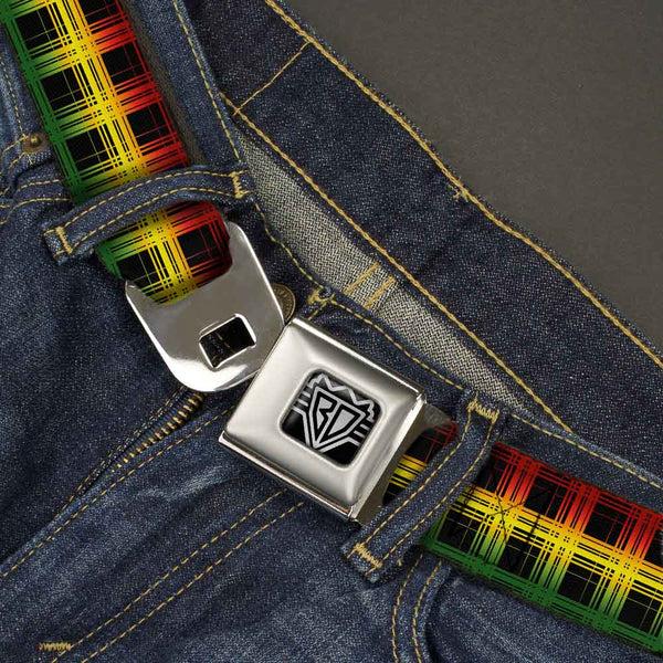 Buckle-Down BD Wings Logo CLOSE-UP Full Color Black Silver Seatbelt Belt - Plaid Black/Rasta Webbing