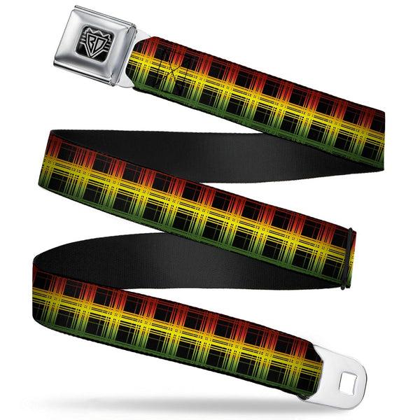 Buckle-Down BD Wings Logo CLOSE-UP Full Color Black Silver Seatbelt Belt - Plaid Black/Rasta Webbing