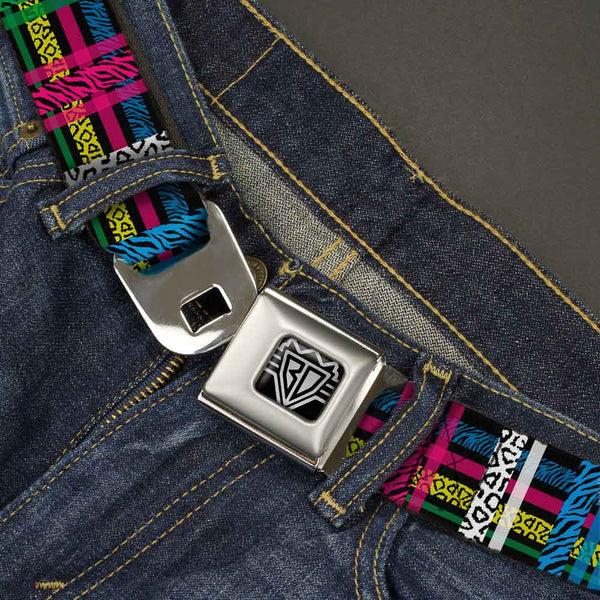 Buckle-Down BD Wings Logo CLOSE-UP Full Color Black Silver Seatbelt Belt - Plaid Black/Neon Animal Skins Webbing