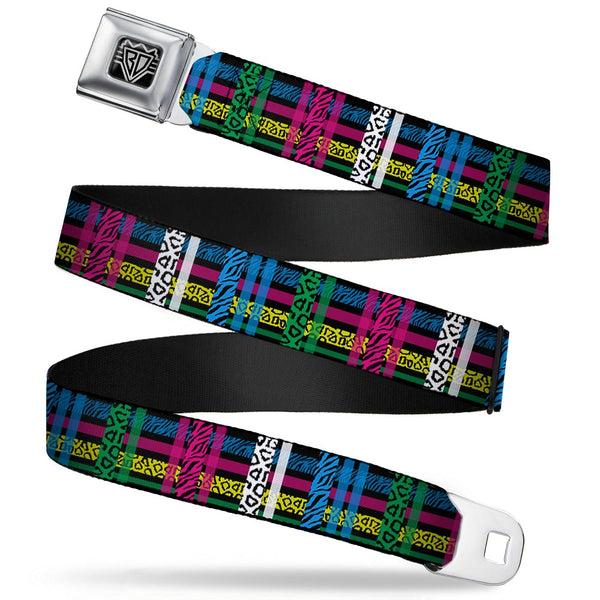 Buckle-Down BD Wings Logo CLOSE-UP Full Color Black Silver Seatbelt Belt - Plaid Black/Neon Animal Skins Webbing