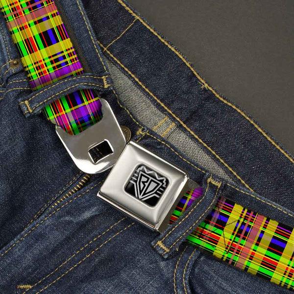 Buckle-Down BD Wings Logo CLOSE-UP Full Color Black Silver Seatbelt Belt - Plaid Black/Multi Neon Webbing