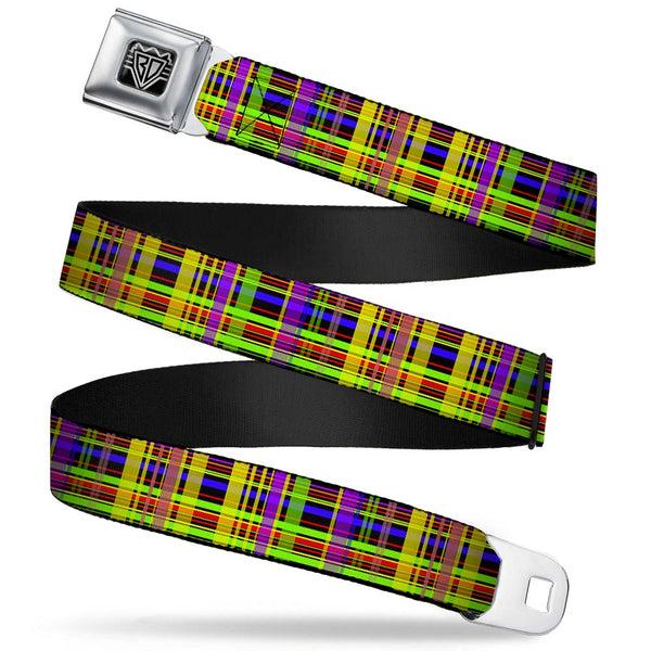 Buckle-Down BD Wings Logo CLOSE-UP Full Color Black Silver Seatbelt Belt - Plaid Black/Multi Neon Webbing