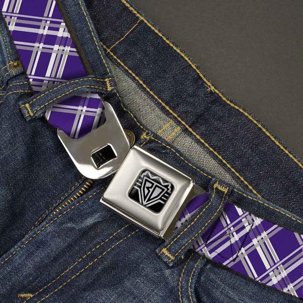Buckle-Down BD Wings Logo CLOSE-UP Full Color Black Silver Seatbelt Belt - Plaid X3 Purple/Gray/White Webbing
