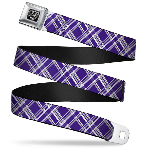 Buckle-Down BD Wings Logo CLOSE-UP Full Color Black Silver Seatbelt Belt - Plaid X3 Purple/Gray/White Webbing