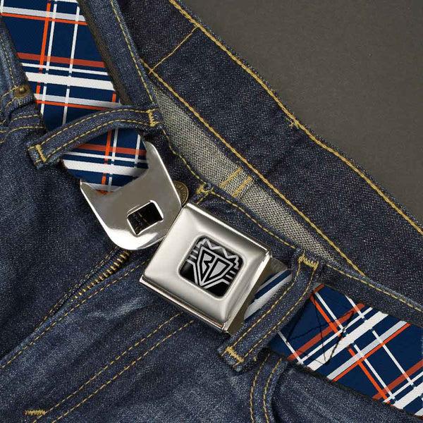 Buckle-Down BD Wings Logo CLOSE-UP Full Color Black Silver Seatbelt Belt - Plaid X2 Navy/White/Orange Webbing