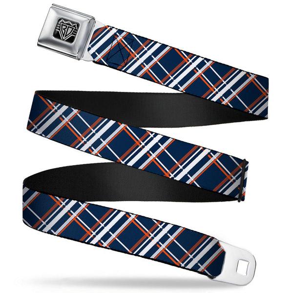 Buckle-Down BD Wings Logo CLOSE-UP Full Color Black Silver Seatbelt Belt - Plaid X2 Navy/White/Orange Webbing