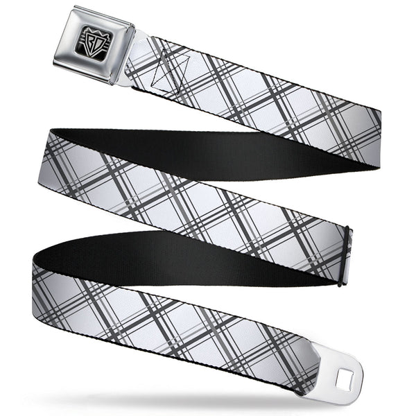 Buckle-Down BD Wings Logo CLOSE-UP Full Color Black Silver Seatbelt Belt - Plaid X White/Gray Webbing