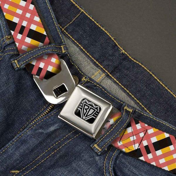 Buckle-Down BD Wings Logo CLOSE-UP Full Color Black Silver Seatbelt Belt - Plaid X White/Gold/Black/Pink Webbing