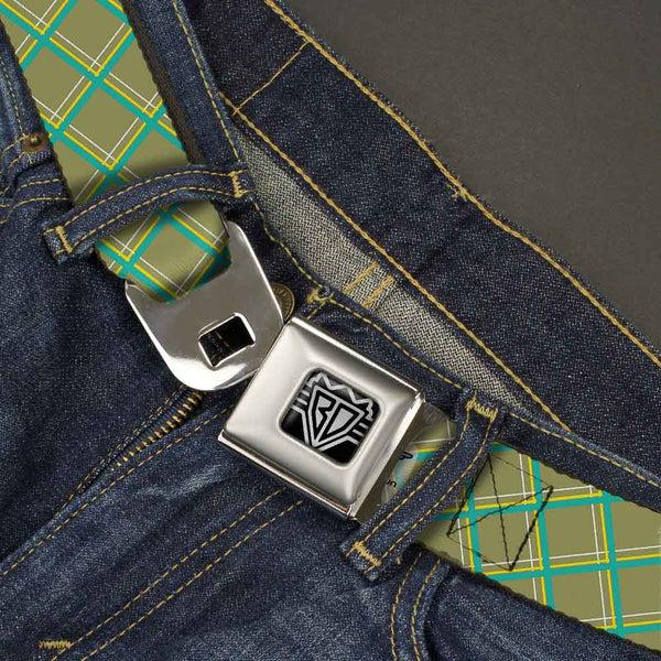 Buckle-Down BD Wings Logo CLOSE-UP Full Color Black Silver Seatbelt Belt - Wire Grid Tan/Green/Yellow Webbing