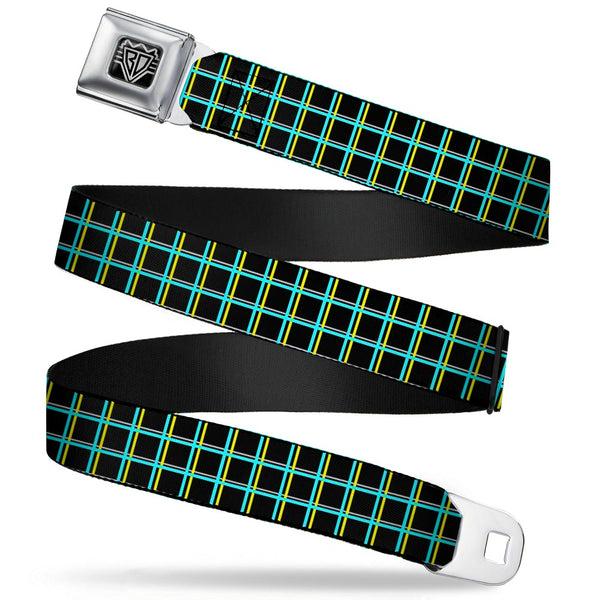 Buckle-Down BD Wings Logo CLOSE-UP Full Color Black Silver Seatbelt Belt - Wire Grid Black/Turquoise/Yellow Webbing