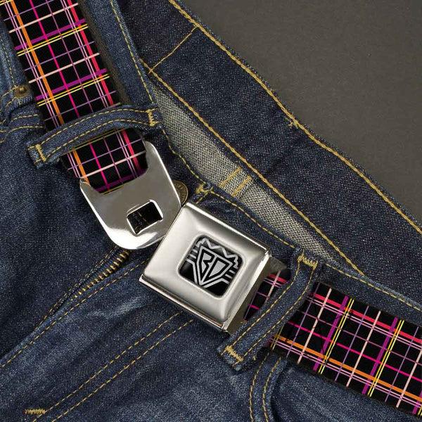 Buckle-Down BD Wings Logo CLOSE-UP Full Color Black Silver Seatbelt Belt - Wire Grid Black/Orange/Purple Webbing