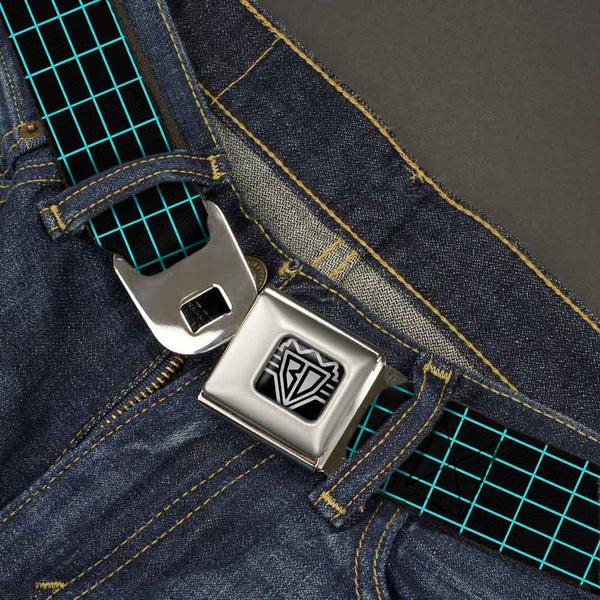 Buckle-Down BD Wings Logo CLOSE-UP Full Color Black Silver Seatbelt Belt - Wire Grid Black/Blue Webbing