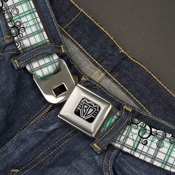 Buckle-Down BD Wings Logo CLOSE-UP Full Color Black Silver Seatbelt Belt - Plaid Curls White/Black/Gray/Green Webbing