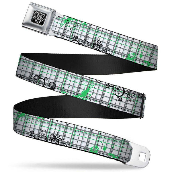 Buckle-Down BD Wings Logo CLOSE-UP Full Color Black Silver Seatbelt Belt - Plaid Curls White/Black/Gray/Green Webbing