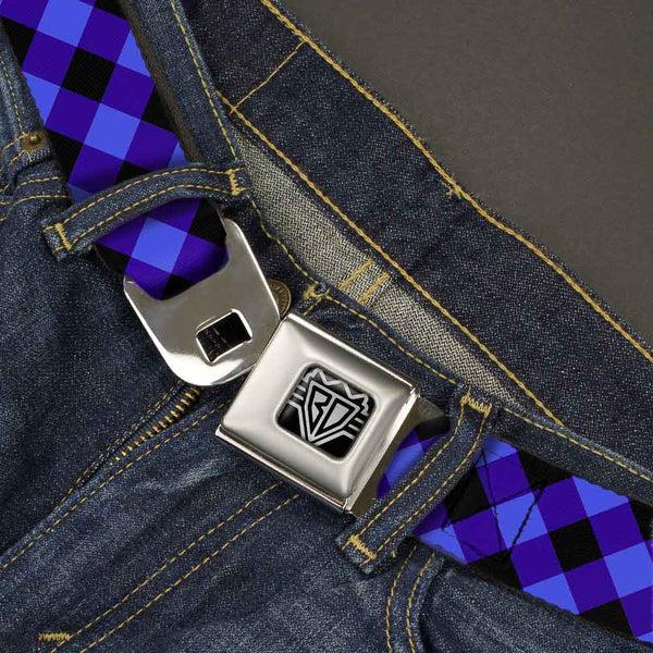 Buckle-Down BD Wings Logo CLOSE-UP Full Color Black Silver Seatbelt Belt - Diagonal Buffalo Plaid Black/Blue Webbing