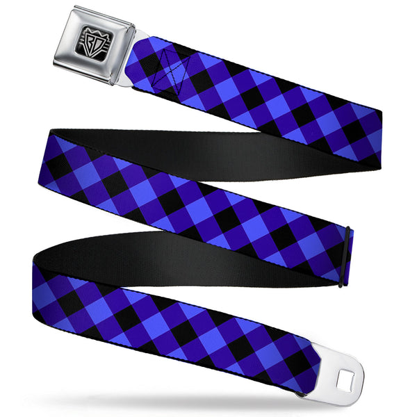 Buckle-Down BD Wings Logo CLOSE-UP Full Color Black Silver Seatbelt Belt - Diagonal Buffalo Plaid Black/Blue Webbing