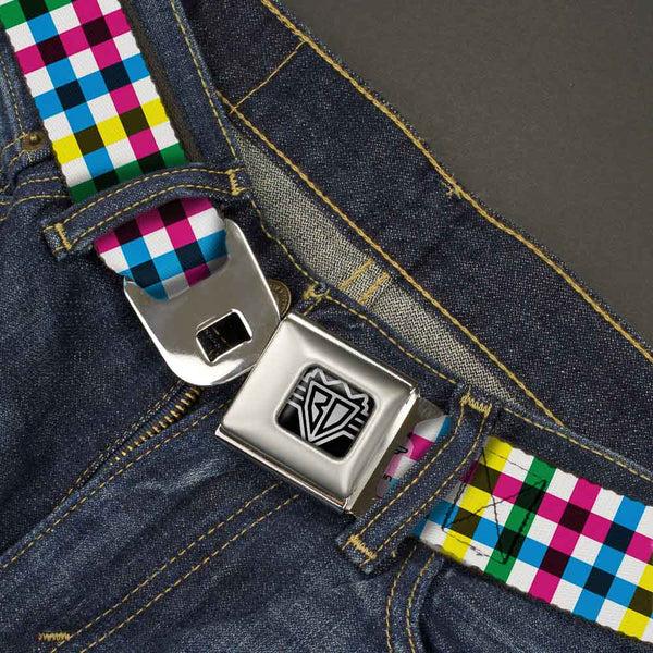 Buckle-Down BD Wings Logo CLOSE-UP Full Color Black Silver Seatbelt Belt - Buffalo Plaid White/Multi Color Webbing