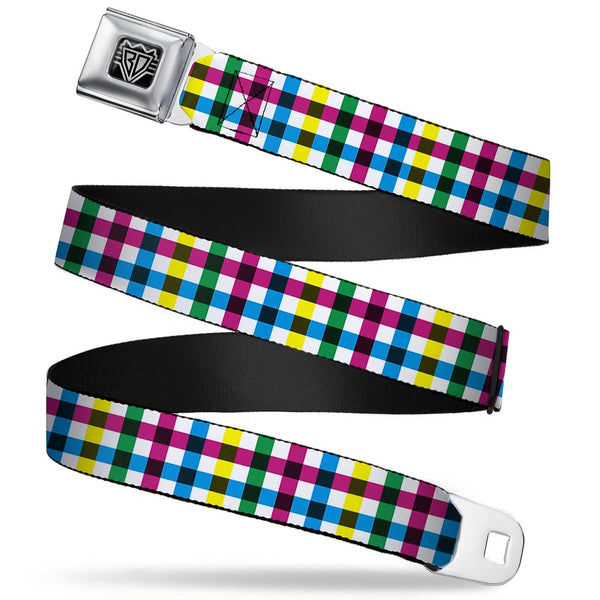 Buckle-Down BD Wings Logo CLOSE-UP Full Color Black Silver Seatbelt Belt - Buffalo Plaid White/Multi Color Webbing