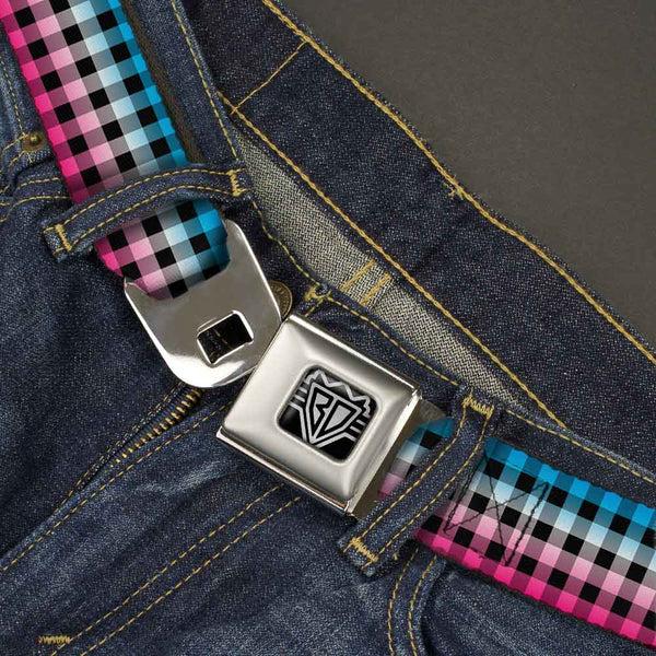 Buckle-Down BD Wings Logo CLOSE-UP Full Color Black Silver Seatbelt Belt - Buffalo Plaid Turquoise/Fuchsia Fade Webbing