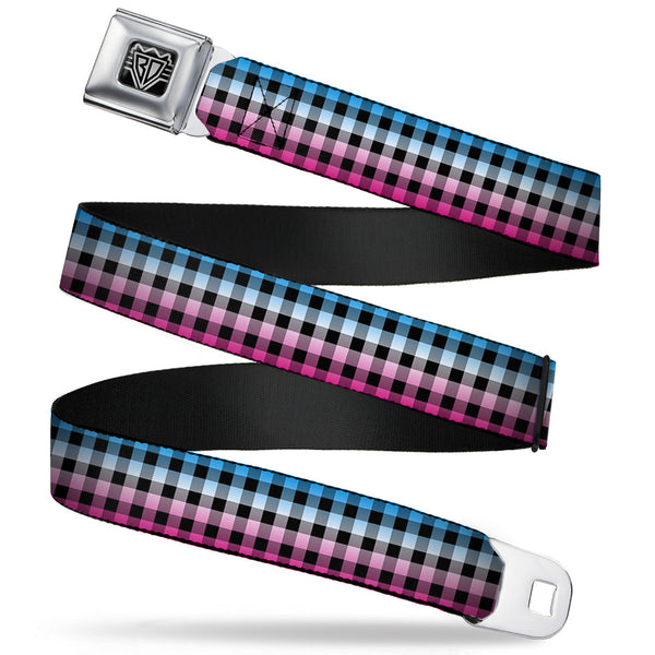Buckle-Down BD Wings Logo CLOSE-UP Full Color Black Silver Seatbelt Belt - Buffalo Plaid Turquoise/Fuchsia Fade Webbing