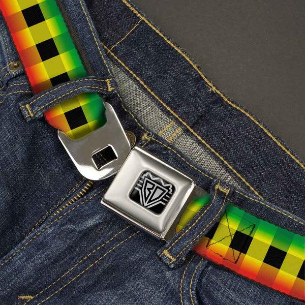 Buckle-Down BD Wings Logo CLOSE-UP Full Color Black Silver Seatbelt Belt - Buffalo Plaid Rasta Webbing