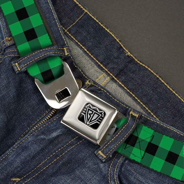 Buckle-Down BD Wings Logo CLOSE-UP Full Color Black Silver Seatbelt Belt - Buffalo Plaid Black/Neon Green Webbing