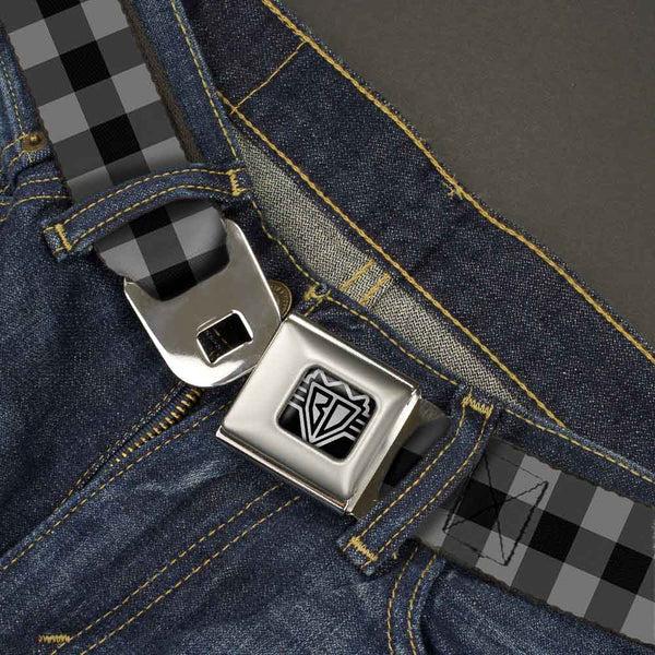 Buckle-Down BD Wings Logo CLOSE-UP Full Color Black Silver Seatbelt Belt - Buffalo Plaid Black/Gray Webbing