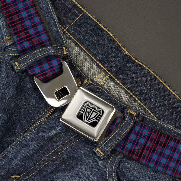 Buckle-Down BD Wings Logo CLOSE-UP Full Color Black Silver Seatbelt Belt - Buffalo Plaid Abstract White/Black/Turquoise Webbing