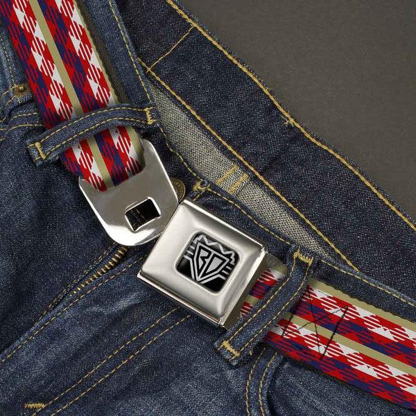 Buckle-Down BD Wings Logo CLOSE-UP Full Color Black Silver Seatbelt Belt - Geometric Weave Tan/White/Red/Blue Webbing