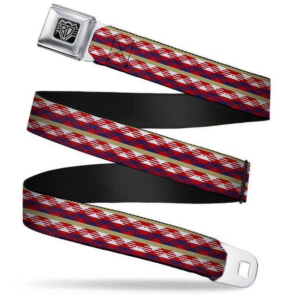 Buckle-Down BD Wings Logo CLOSE-UP Full Color Black Silver Seatbelt Belt - Geometric Weave Tan/White/Red/Blue Webbing