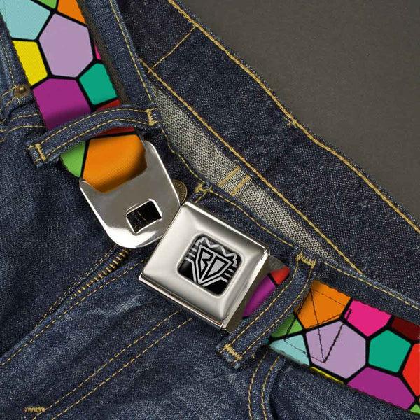Buckle-Down BD Wings Logo CLOSE-UP Full Color Black Silver Seatbelt Belt - Stained Glass Mosaic2 Multi Color/Navy Webbing