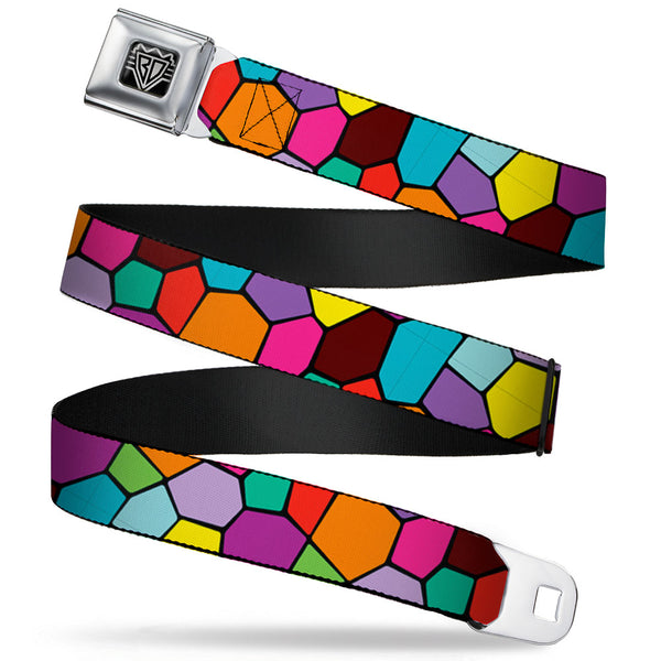 Buckle-Down BD Wings Logo CLOSE-UP Full Color Black Silver Seatbelt Belt - Stained Glass Mosaic2 Multi Color/Navy Webbing