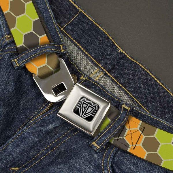 Buckle-Down BD Wings Logo CLOSE-UP Full Color Black Silver Seatbelt Belt - Honeycomb Greens/Orange Webbing