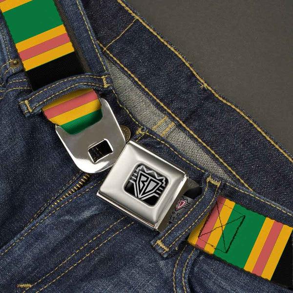 Buckle-Down BD Wings Logo CLOSE-UP Full Color Black Silver Seatbelt Belt - Lines Black/Gold/Pink/Green Webbing