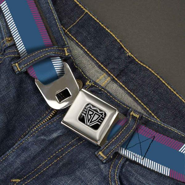Buckle-Down BD Wings Logo CLOSE-UP Full Color Black Silver Seatbelt Belt - Hash Mark Stripe Turquoise/Fuchsia/White Webbing