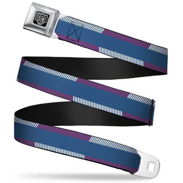 Buckle-Down BD Wings Logo CLOSE-UP Full Color Black Silver Seatbelt Belt - Hash Mark Stripe Turquoise/Fuchsia/White Webbing
