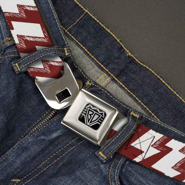 Buckle-Down BD Wings Logo CLOSE-UP Full Color Black Silver Seatbelt Belt - Lightning Bolts Sketch Red/White Webbing