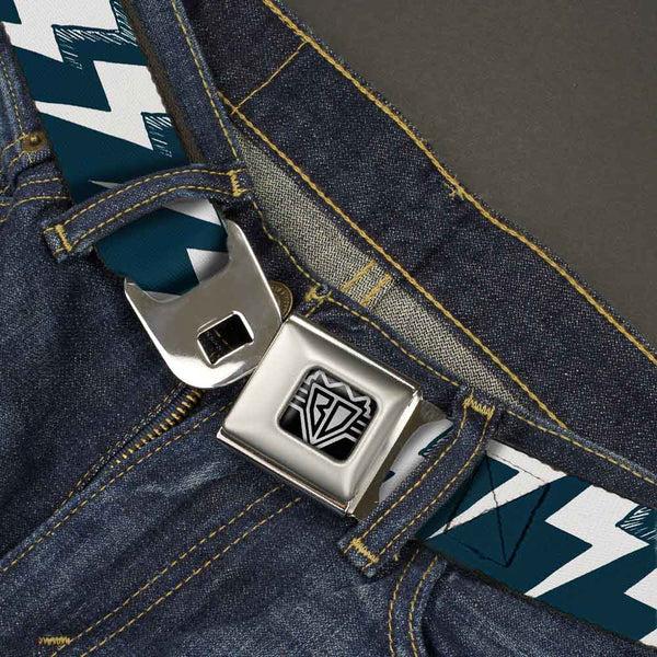 Buckle-Down BD Wings Logo CLOSE-UP Full Color Black Silver Seatbelt Belt - Lightning Bolts Sketch Navy/White Webbing