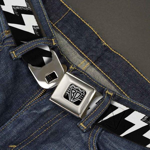 Buckle-Down BD Wings Logo CLOSE-UP Full Color Black Silver Seatbelt Belt - Lightning Bolts Sketch Black/White Webbing