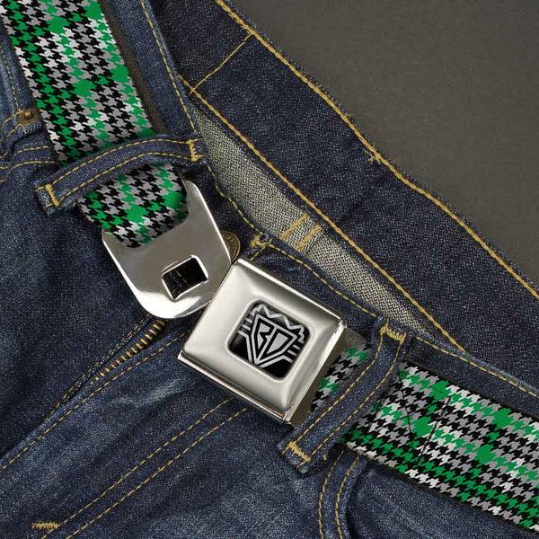 Buckle-Down BD Wings Logo CLOSE-UP Full Color Black Silver Seatbelt Belt - Mini Houndstooth Green/Black/Gray Webbing