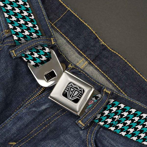 Buckle-Down BD Wings Logo CLOSE-UP Full Color Black Silver Seatbelt Belt - Houndstooth Black/White/Turquoise Webbing