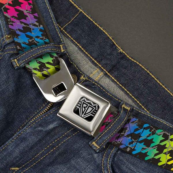 Buckle-Down BD Wings Logo CLOSE-UP Full Color Black Silver Seatbelt Belt - Houndstooth Black/Rainbow Webbing